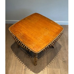 Square Rattan Coffee Table with Cane Top and Splayed Legs, France circa 1950