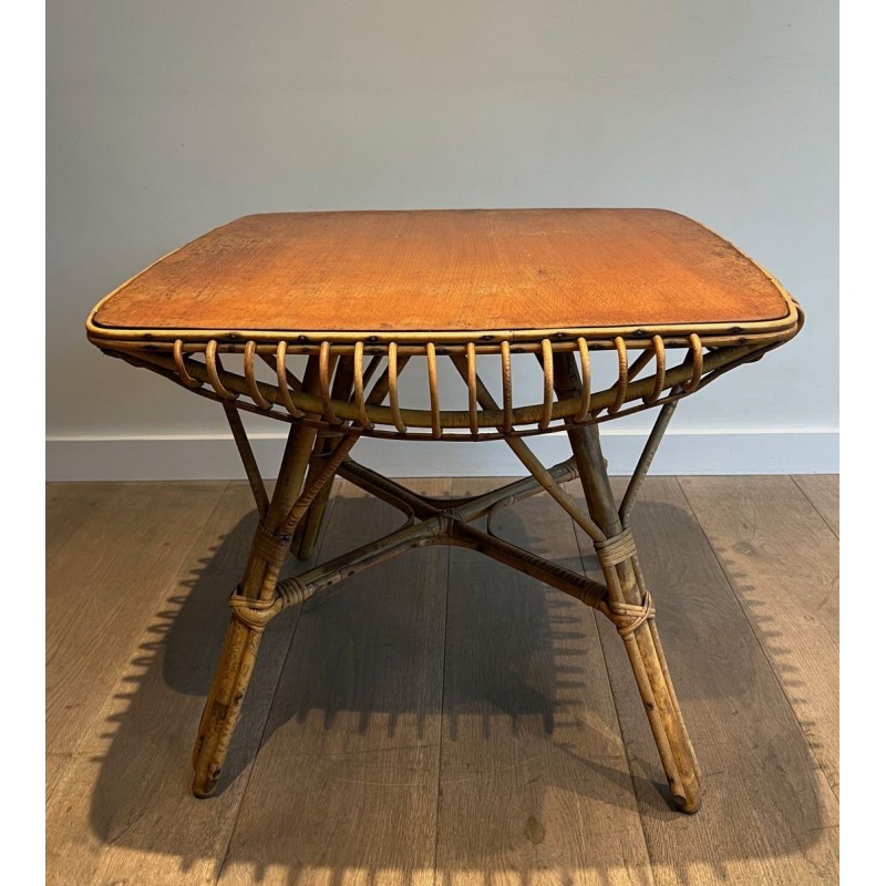 Table Basse Carrée en Rotin à Plateau Canné et Pieds Évasés, France vers 1950