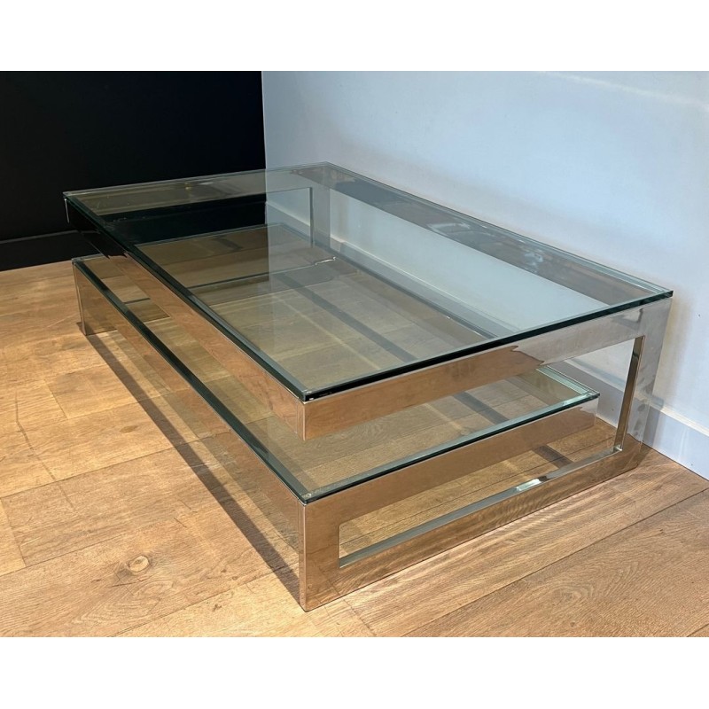 Table Basse Moderniste Chromée à Double Dalle de Verre, France vers 1970