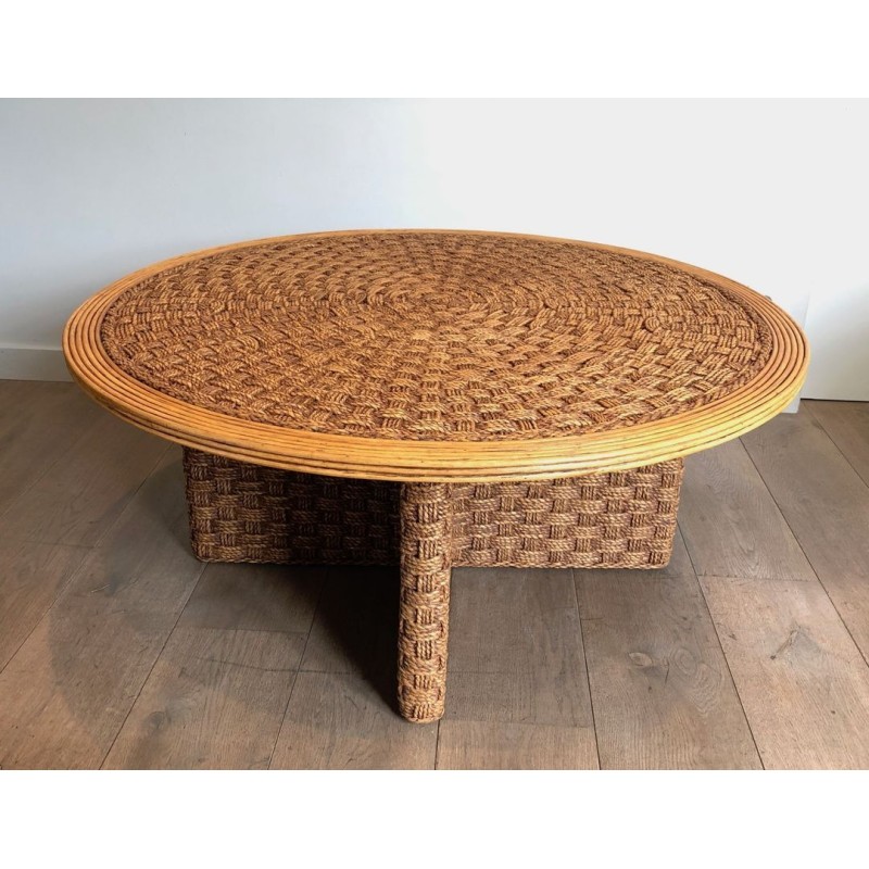 Grande Table Basse Ronde en Corde et Bois, dans le Goût d’Audoux-Minet, France v.1970