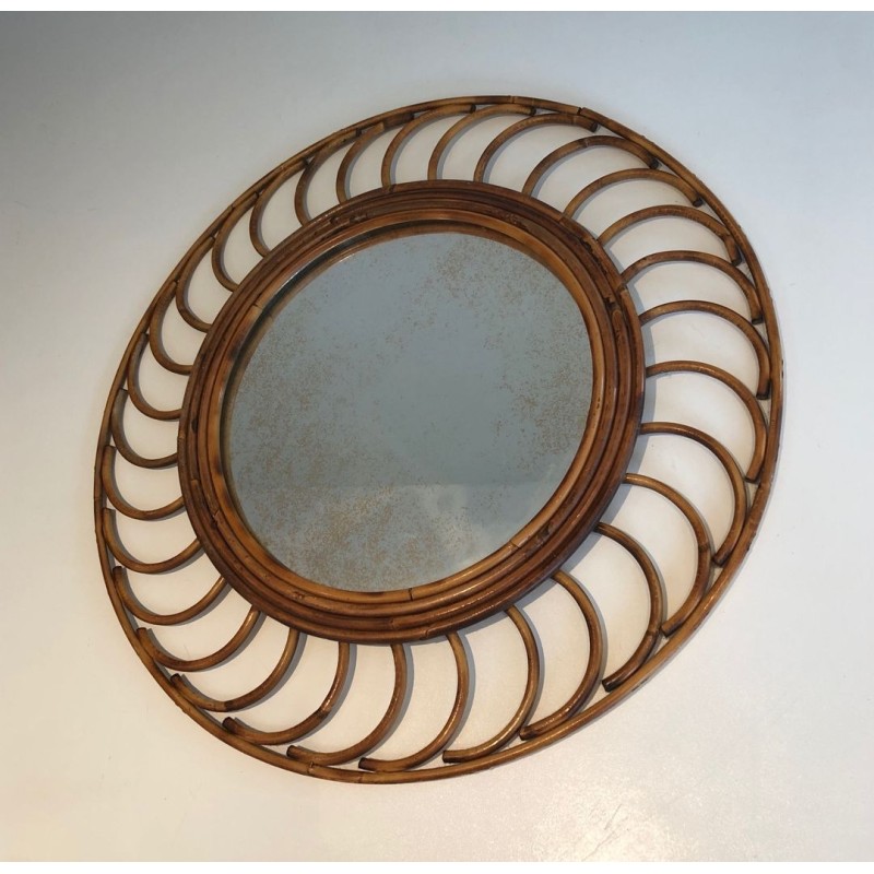Round Rattan Mirror with Arched Loop Frame, France circa 1970