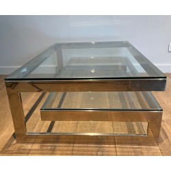 Table Basse Moderniste Chromée à Double Dalle de Verre, France vers 1970
