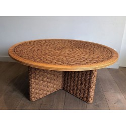 Grande Table Basse Ronde en Corde et Bois, dans le Goût d’Audoux-Minet, France v.1970