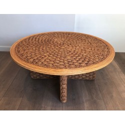 Grande Table Basse Ronde en Corde et Bois, dans le Goût d’Audoux-Minet, France v.1970