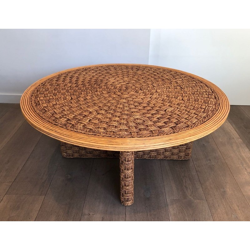 Grande Table Basse Ronde en Corde et Bois, dans le Goût d’Audoux-Minet, France v.1970