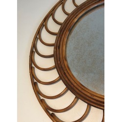 Round Rattan Mirror with Arched Loop Frame, France circa 1970