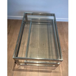 Table Basse Moderniste Chromée à Double Dalle de Verre, France vers 1970