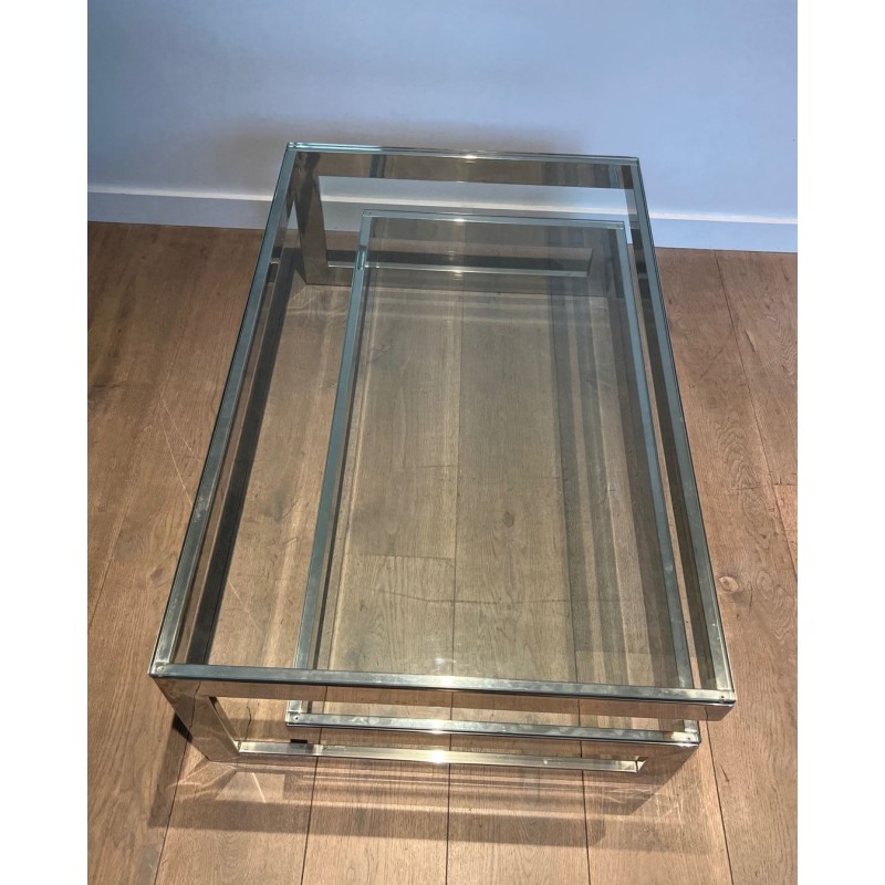 Table Basse Moderniste Chromée à Double Dalle de Verre, France vers 1970