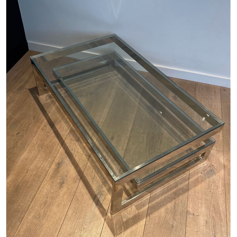 Table Basse Moderniste Chromée à Double Dalle de Verre, France vers 1970