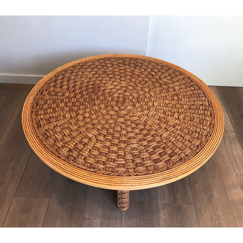 Grande Table Basse Ronde en Corde et Bois, dans le Goût d’Audoux-Minet, France v.1970