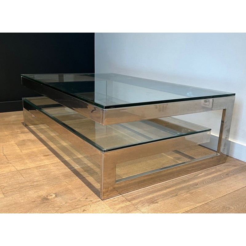 Table Basse Moderniste Chromée à Double Dalle de Verre, France vers 1970