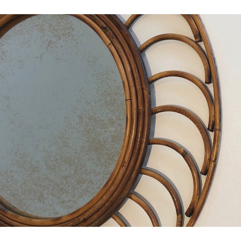 Miroir Rond en Rotin à Cadre de Boucles Arquées, France vers 1970