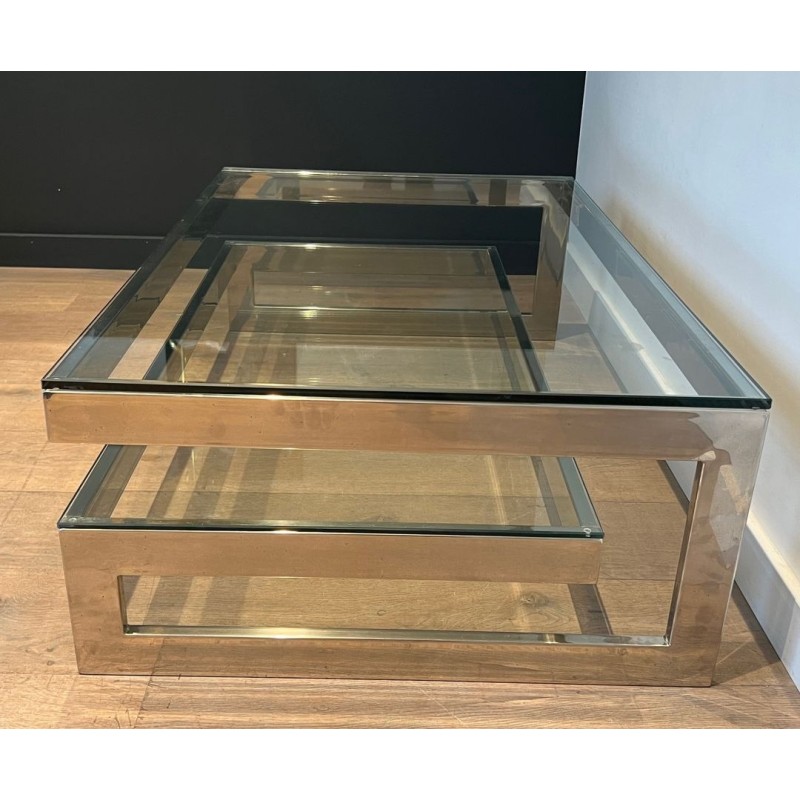 Table Basse Moderniste Chromée à Double Dalle de Verre, France vers 1970