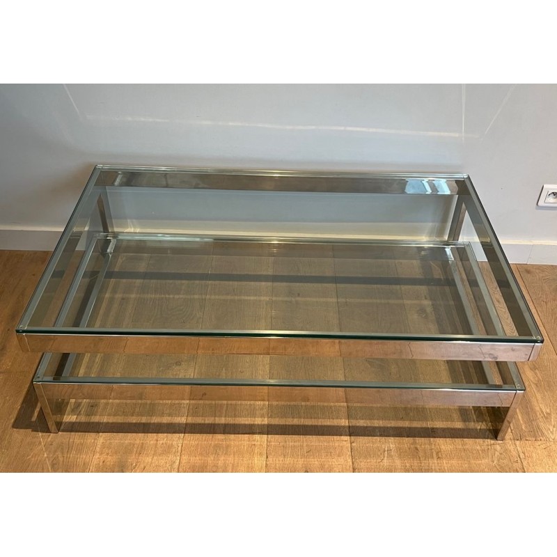 Table Basse Moderniste Chromée à Double Dalle de Verre, France vers 1970