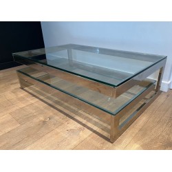 Table Basse Moderniste Chromée à Double Dalle de Verre, France vers 1970