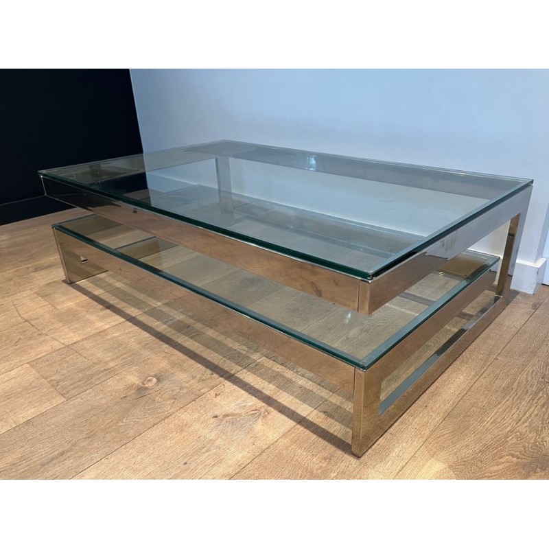 Table Basse Moderniste Chromée à Double Dalle de Verre, France vers 1970