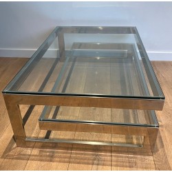 Table Basse Moderniste Chromée à Double Dalle de Verre, France vers 1970