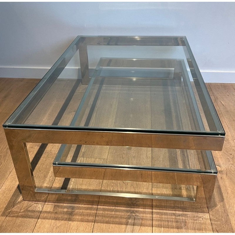 Table Basse Moderniste Chromée à Double Dalle de Verre, France vers 1970