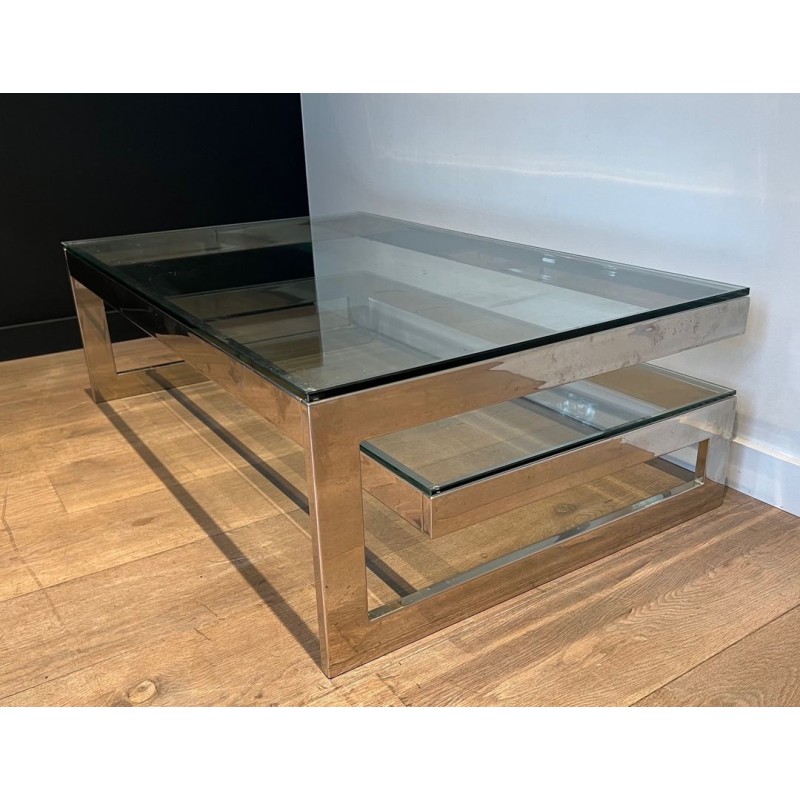 Table Basse Moderniste Chromée à Double Dalle de Verre, France vers 1970