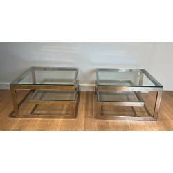 Paire de Bouts de Canapé Design Chromés à Double Dalle de Verre