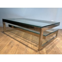 Table Basse Moderniste Chromée à Double Dalle de Verre, France vers 1970