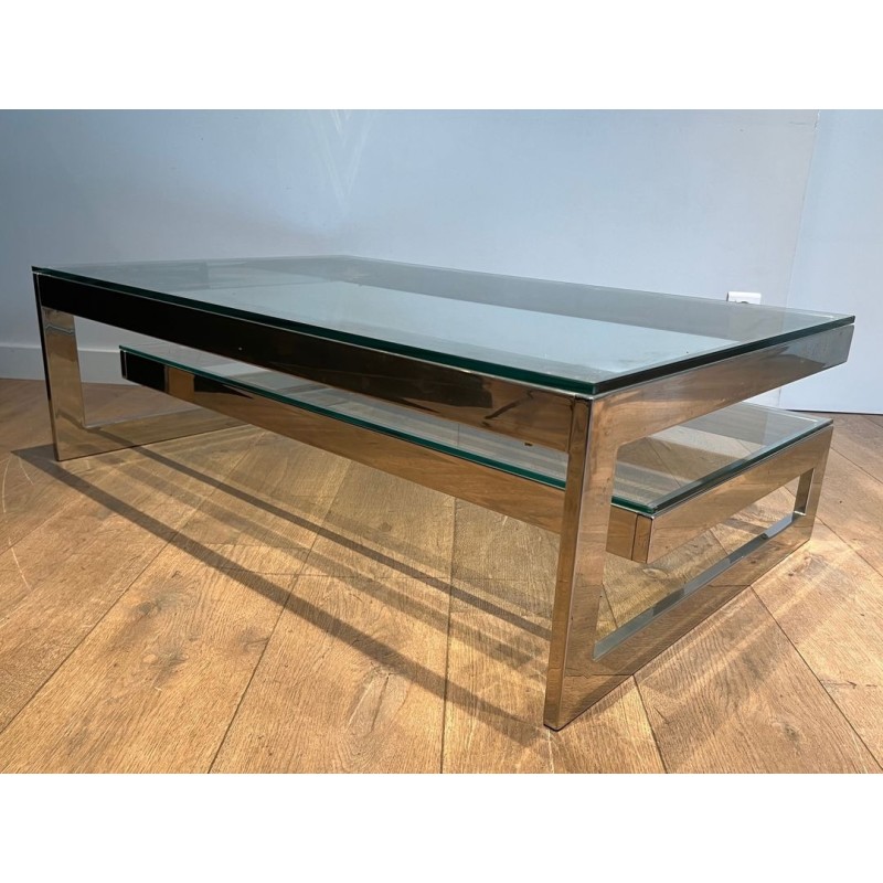 Table Basse Moderniste Chromée à Double Dalle de Verre, France vers 1970