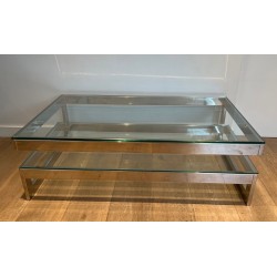 Table Basse Moderniste Chromée à Double Dalle de Verre, France vers 1970