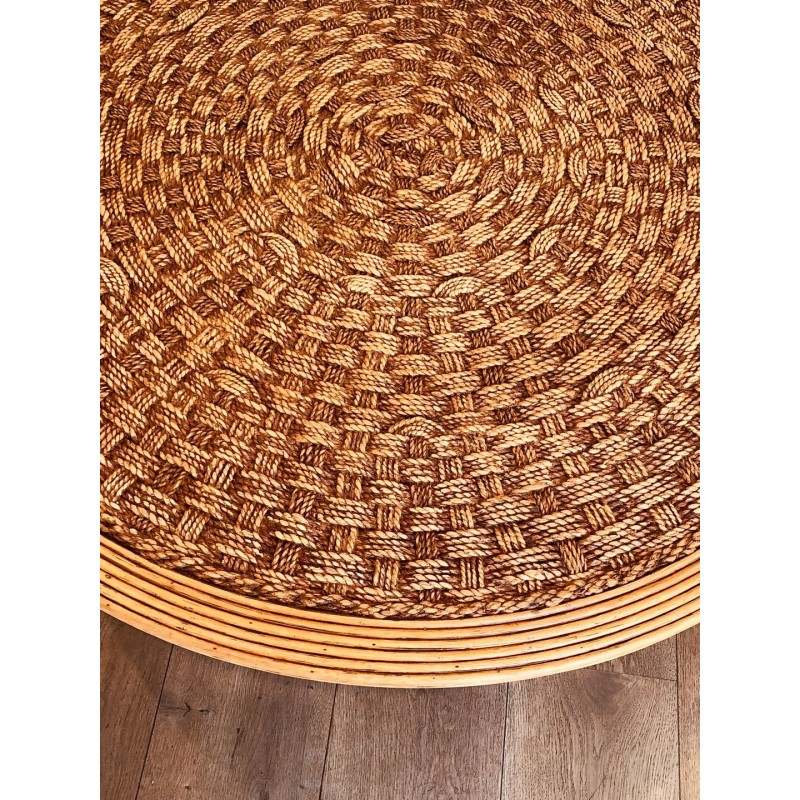 Grande Table Basse Ronde en Corde et Bois, dans le Goût d’Audoux-Minet, France v.1970