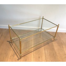 Two-Tier Neoclassical Brass Coffee Table with Pineapple Finials, Maison Jansen, France c.1940