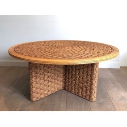 Grande Table Basse Ronde en Corde et Bois, dans le Goût d’Audoux-Minet, France v.1970