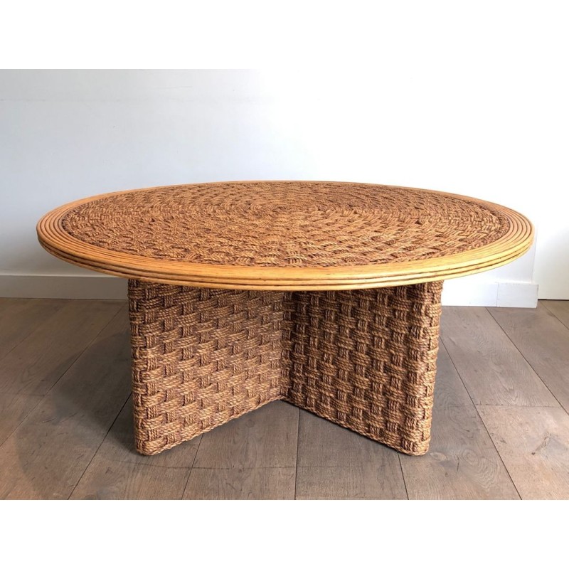 Grande Table Basse Ronde en Corde et Bois, dans le Goût d’Audoux-Minet, France v.1970