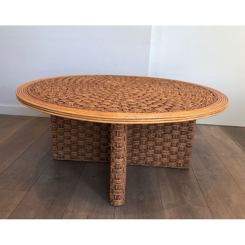 Grande Table Basse Ronde en Corde et Bois, dans le Goût d’Audoux-Minet, France v.1970