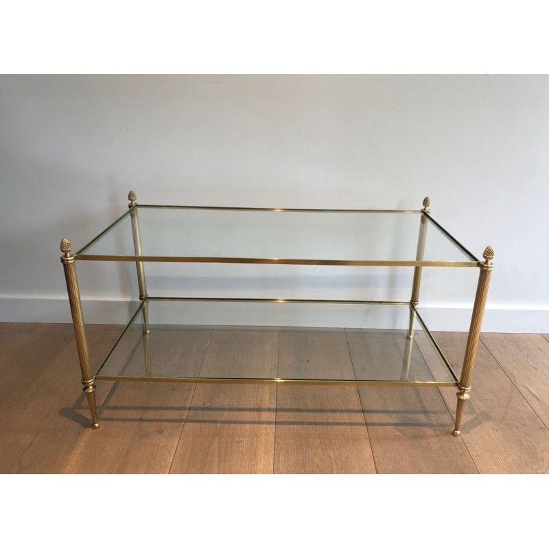 Two-Tier Neoclassical Brass Coffee Table with Pineapple Finials, Maison Jansen, France c.1940
