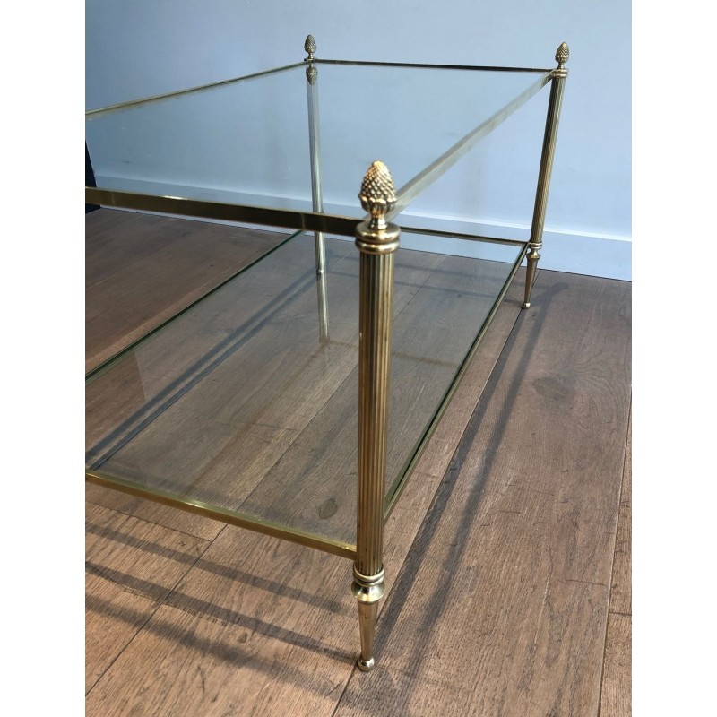 Two-Tier Neoclassical Brass Coffee Table with Pineapple Finials, Maison Jansen, France c.1940