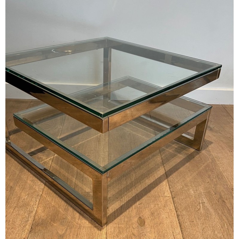 Paire de Bouts de Canapé Design Chromés à Double Dalle de Verre