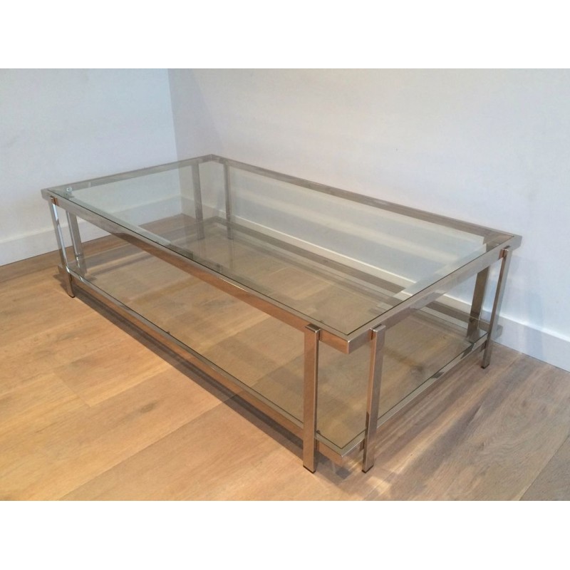 Importante Table Basse Biétagère en Chrome et Verre, France vers 1970