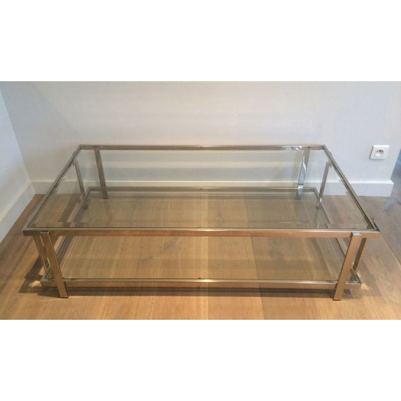 Importante Table Basse Biétagère en Chrome et Verre, France vers 1970