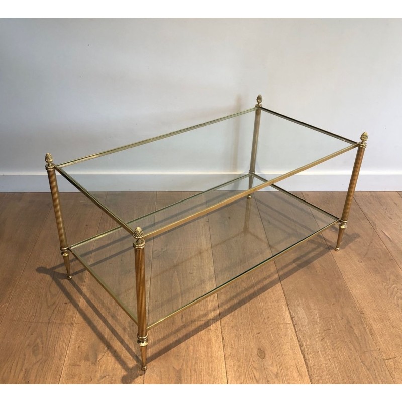 Two-Tier Neoclassical Brass Coffee Table with Pineapple Finials, Maison Jansen, France c.1940