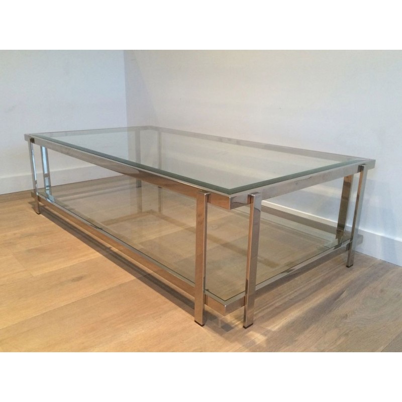 Importante Table Basse Biétagère en Chrome et Verre, France vers 1970