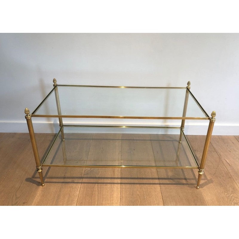 Two-Tier Neoclassical Brass Coffee Table with Pineapple Finials, Maison Jansen, France c.1940