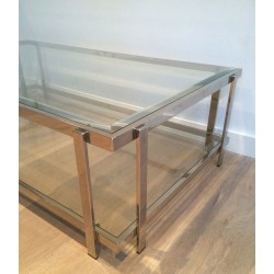 Importante Table Basse Biétagère en Chrome et Verre, France vers 1970