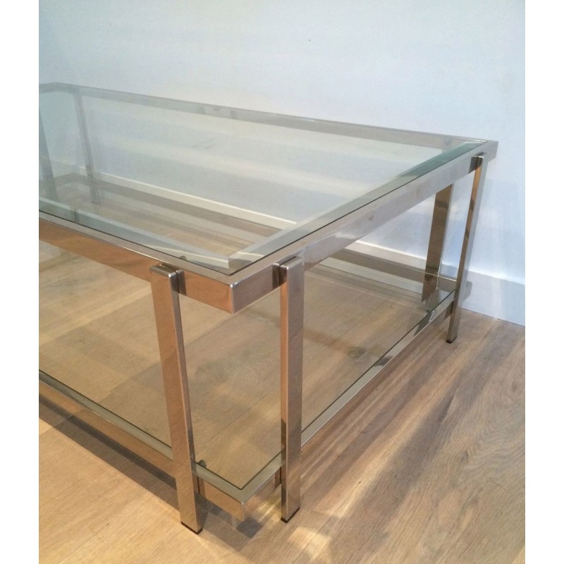 Importante Table Basse Biétagère en Chrome et Verre, France vers 1970