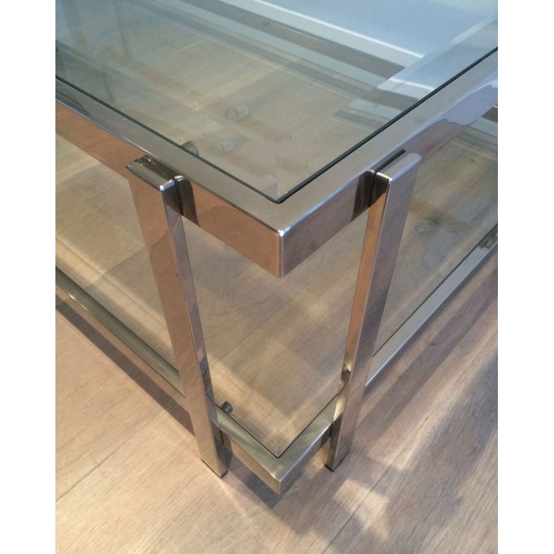 Importante Table Basse Biétagère en Chrome et Verre, France vers 1970