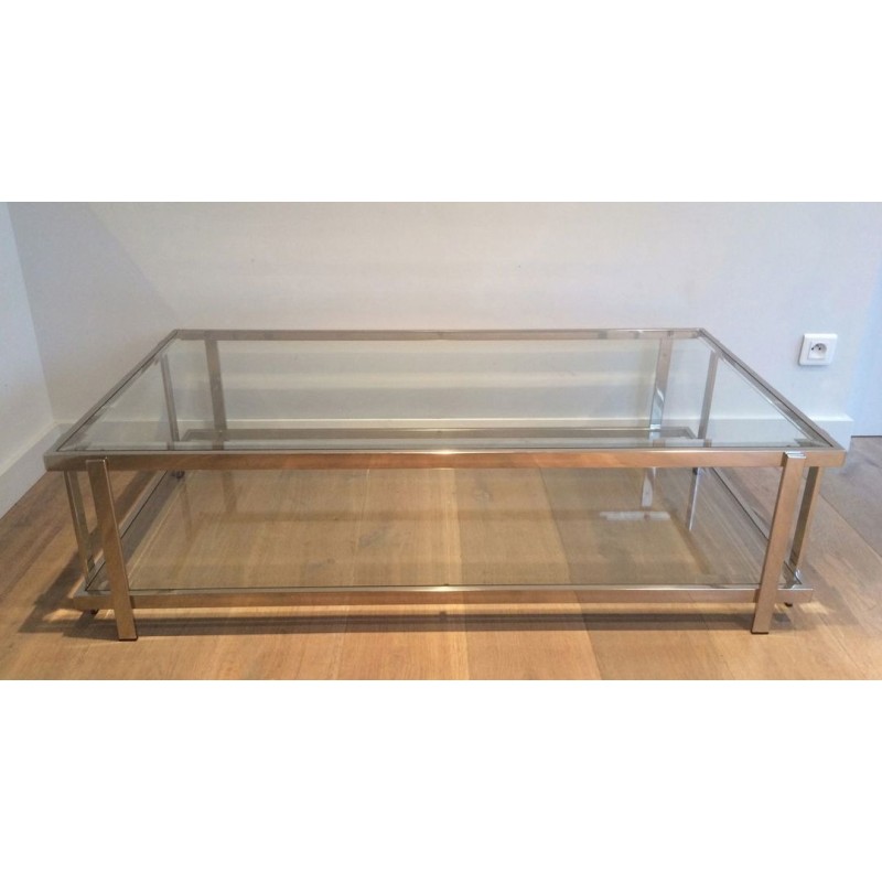 Importante Table Basse Biétagère en Chrome et Verre, France vers 1970