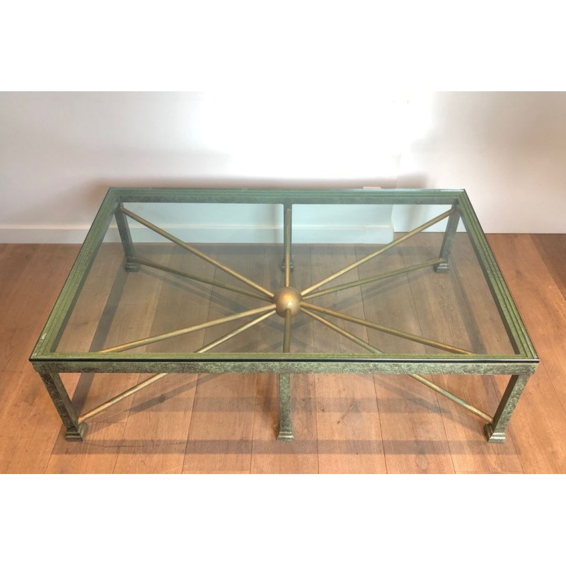 Importante Table Basse en Fer Forgé Patiné et Doré, Piètement en Soleil, France vers 1940