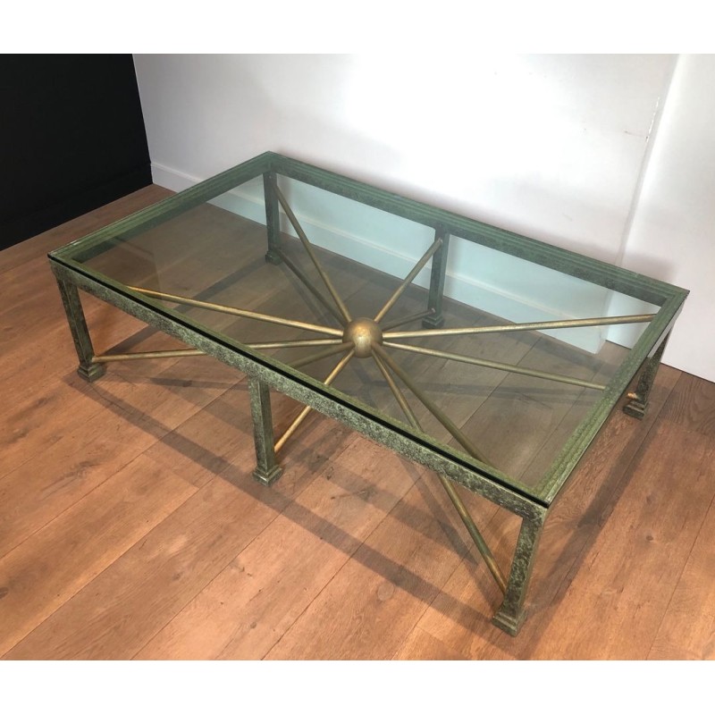 Importante Table Basse en Fer Forgé Patiné et Doré, Piètement en Soleil, France vers 1940