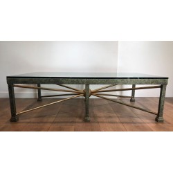 Importante Table Basse en Fer Forgé Patiné et Doré, Piètement en Soleil, France vers 1940
