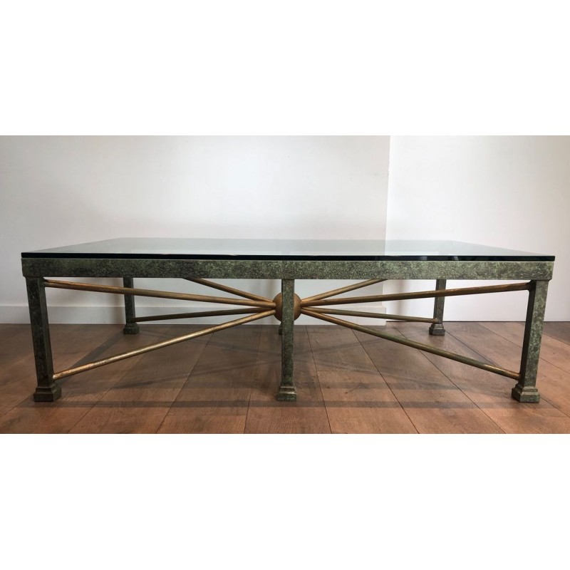 Importante Table Basse en Fer Forgé Patiné et Doré, Piètement en Soleil, France vers 1940