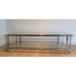 Importante Table Basse Biétagère en Chrome et Verre, France vers 1970