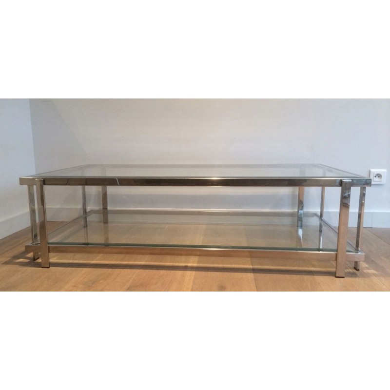 Importante Table Basse Biétagère en Chrome et Verre, France vers 1970